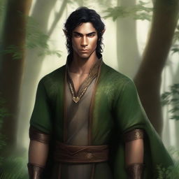 A very attractive half-elf man with sharp features, dark hair, amber eyes, and dark skin