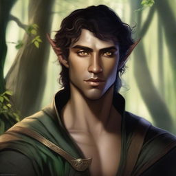 A very attractive half-elf man with sharp features, dark hair, amber eyes, and dark skin