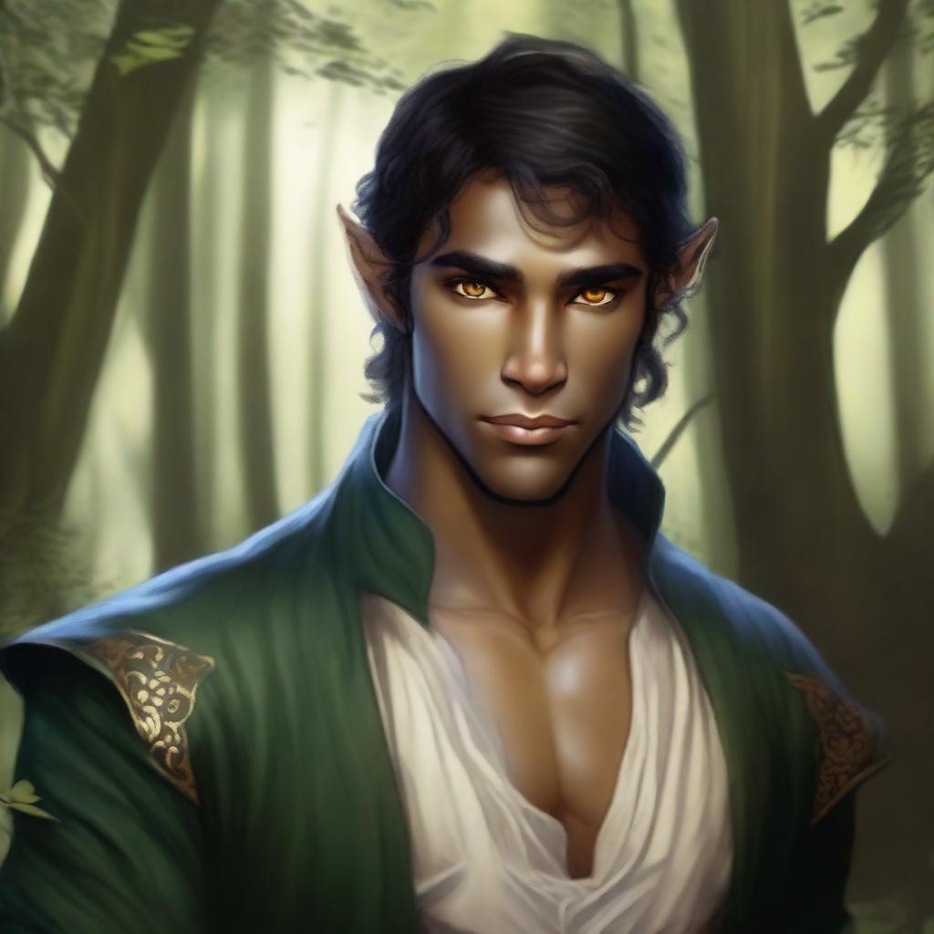 A very attractive half-elf man with sharp features, dark hair, amber eyes, and dark skin