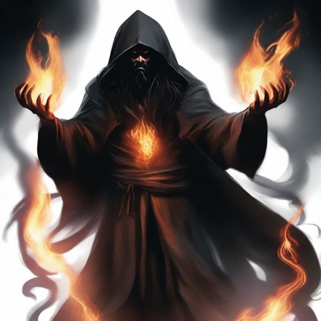 A devil man with long black hair and a black beard, wearing black robes with a hood