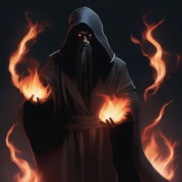 A devil man with long black hair and a black beard, wearing black robes with a hood