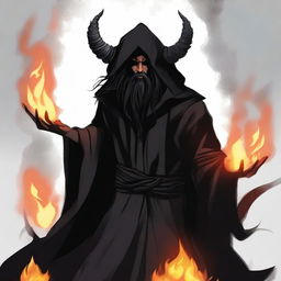 A horned devil man with long black hair and a black beard, wearing black robes with a hood