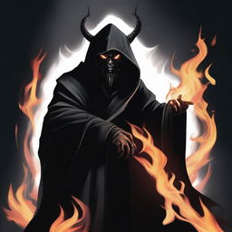 A horned devil man with long black hair and a black beard, wearing black robes with a hood