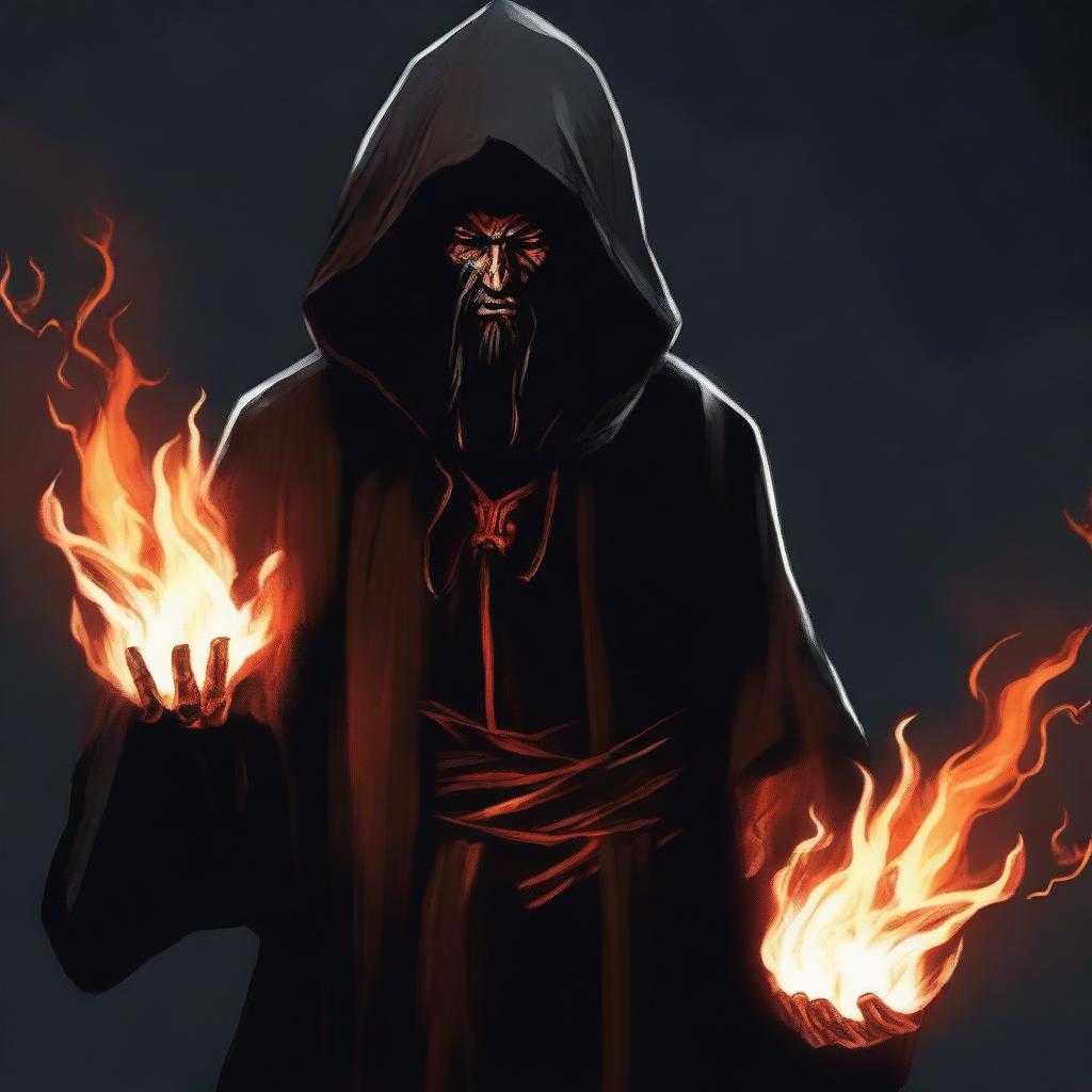 A horned devil man with long black hair and a black beard, wearing black robes with a hood