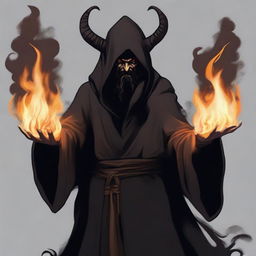 A horned devil man with long black hair and a black beard, wearing black robes with a hood