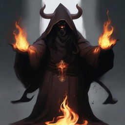 A horned devil man with long black hair and a black beard, wearing black robes with a hood