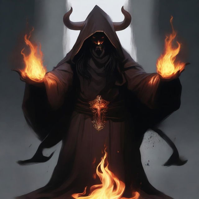 A horned devil man with long black hair and a black beard, wearing black robes with a hood