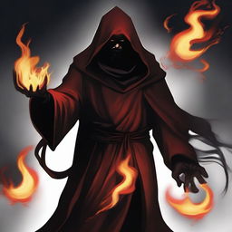 A red devil man with long black hair and a black beard, wearing black robes with a hood