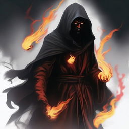 A red devil man with long black hair and a black beard, wearing black robes with a hood