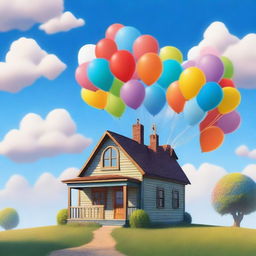 An artistic representation of Carl Fredricksen's house from the movie 'Up' floating with a bunch of colorful balloons, set against a bright blue sky with fluffy clouds