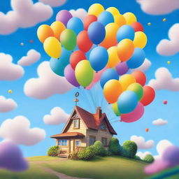 An artistic representation of Carl Fredricksen's house from the movie 'Up' floating with a bunch of colorful balloons, set against a bright blue sky with fluffy clouds