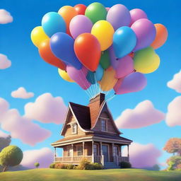 An artistic representation of Carl Fredricksen's house from the movie 'Up' floating with a bunch of colorful balloons, set against a bright blue sky with fluffy clouds