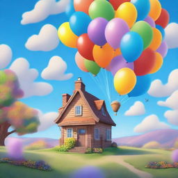 An artistic representation of Carl Fredricksen's house from the movie 'Up' floating with a bunch of colorful balloons, set against a bright blue sky with fluffy clouds