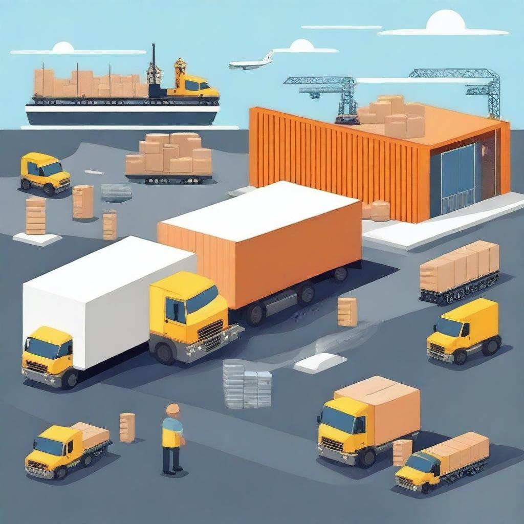 Create an image depicting a modern logistics operation focused on the transportation of finished goods