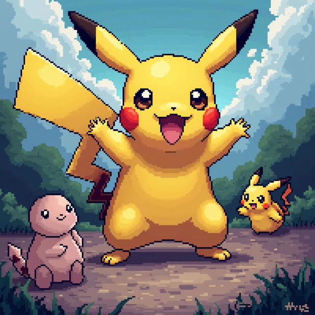 Create a detailed pixel art masterpiece featuring Pikachu in a dynamic pose, with a vibrant color palette and background elements from the Pokémon world