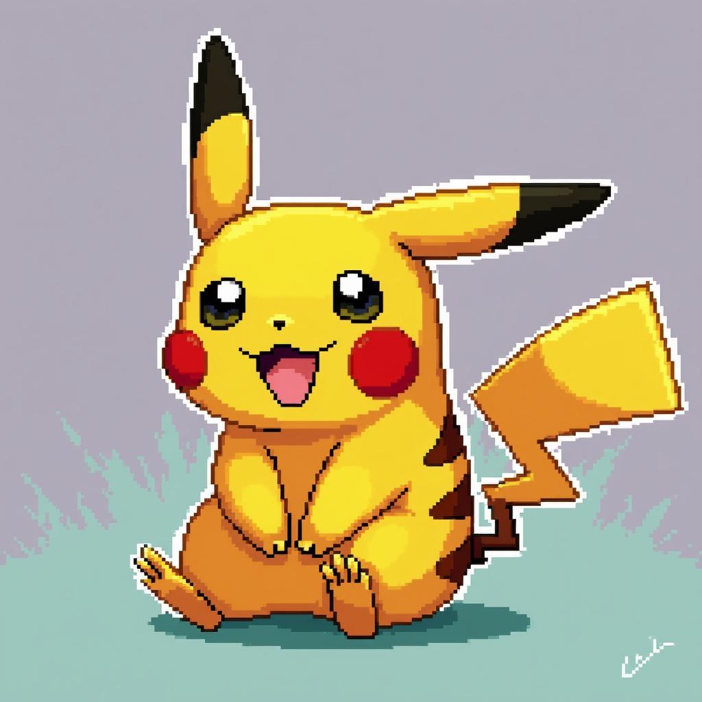 Create a 64x64 pixel art image of Pikachu, capturing its iconic features and cheerful expression