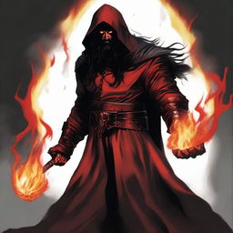 A red devil man with long black hair and a black beard, wearing black robes with armor and a hood