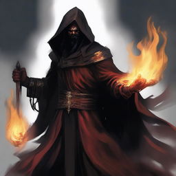 A red devil man with long black hair and a black beard, wearing black robes with armor and a hood