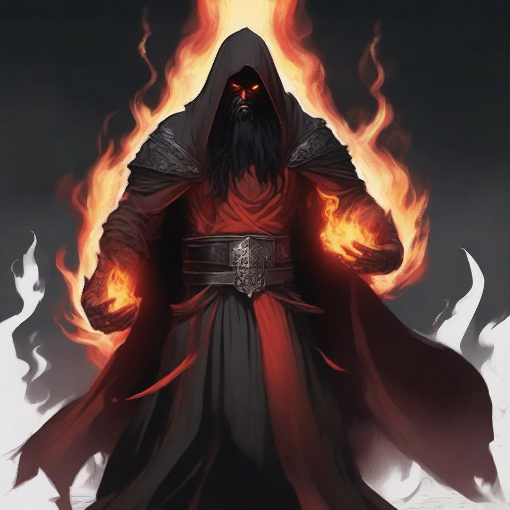 A red devil man with long black hair and a black beard, wearing black robes with armor and a hood