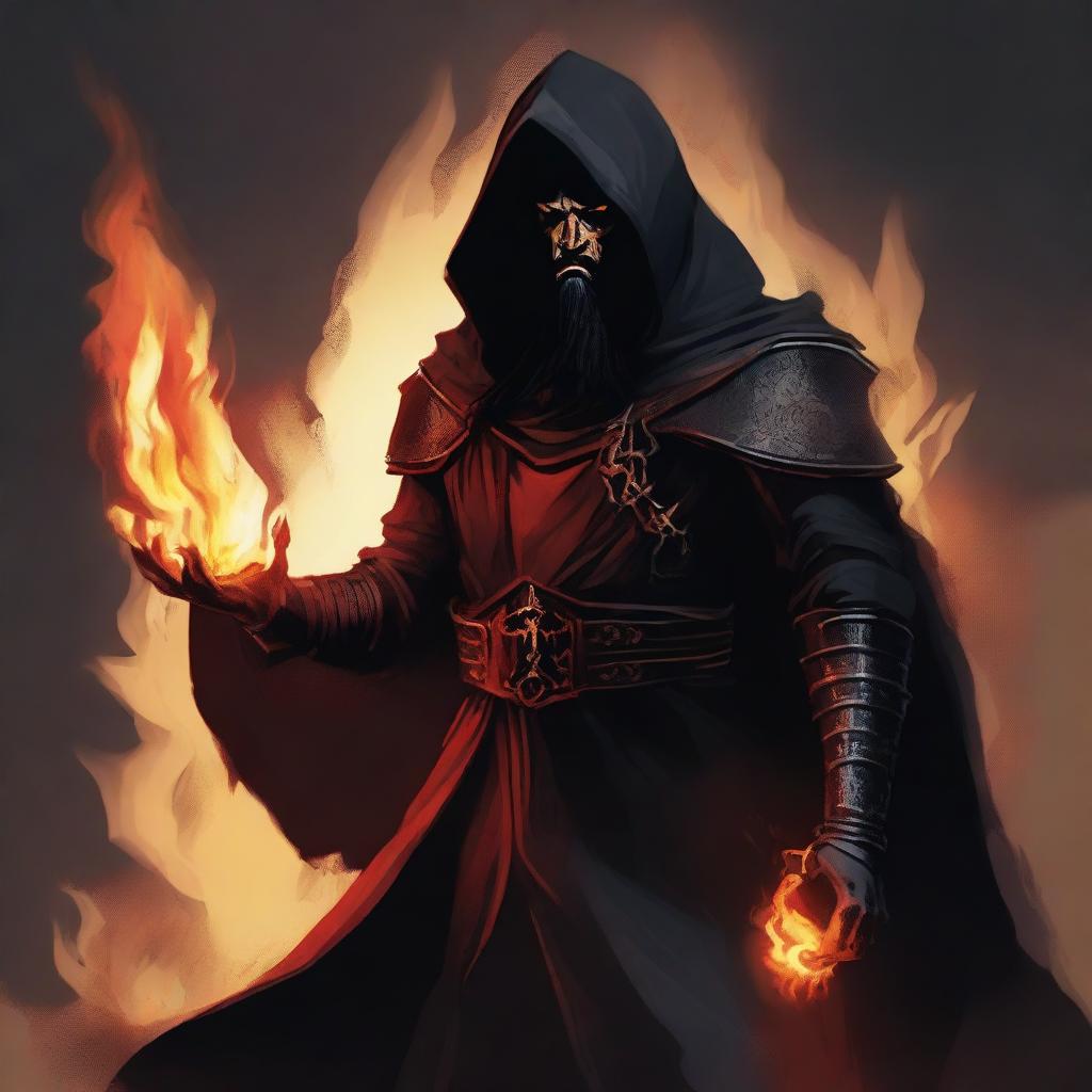 A red devil man with long black hair and a black beard, wearing black robes with armor and a hood