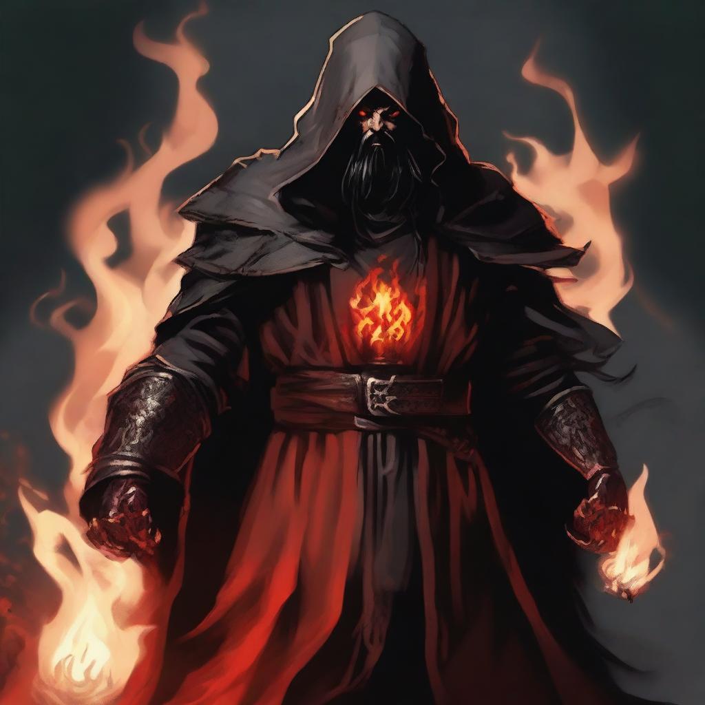 A red devil man with long black hair and a black beard, wearing black robes with armor and a hood