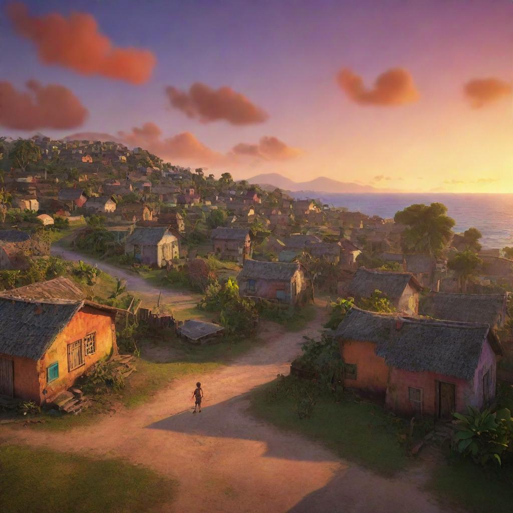 A still image of a vibrant Jamaican village, where a group of adventurous boys aged 9-10 explore with a map, against a backdrop of a sunset sky painted in stunning evening hues. Created in 3D Pixar-style animation.