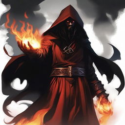 A red devil man with long black hair and a black beard, wearing black robes with armor and a hood