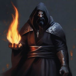 An orc with long black hair and a black beard, wearing black robes with armor and a hood