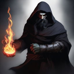 An orc with long black hair and a black beard, wearing black robes with armor and a hood