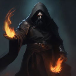 An orc with long black hair and a black beard, wearing black robes with armor and a hood