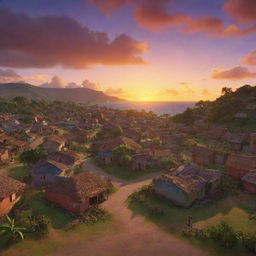 A still image of a vibrant Jamaican village, where a group of adventurous boys aged 9-10 explore with a map, against a backdrop of a sunset sky painted in stunning evening hues. Created in 3D Pixar-style animation.