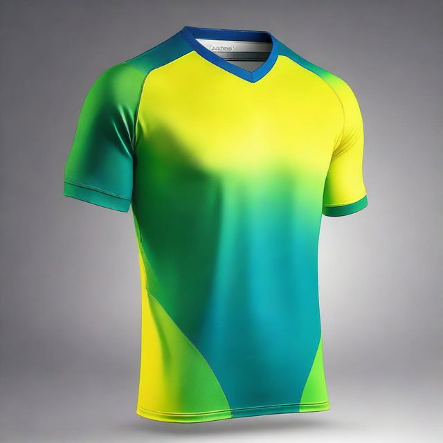 Create a jersey top design featuring a gradient of blue, green, and yellow colors