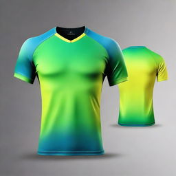 Create a jersey top design featuring a gradient of blue, green, and yellow colors