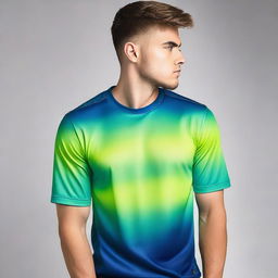 Create a jersey top design featuring a gradient of blue, green, and yellow colors