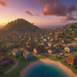 A still image of a vibrant Jamaican village, where a group of adventurous boys aged 9-10 explore with a map, against a backdrop of a sunset sky painted in stunning evening hues. Created in 3D Pixar-style animation.