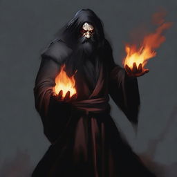 An orc with long black hair and a beard, wearing black robes