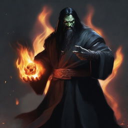 An orc with long black hair and a beard, wearing black robes