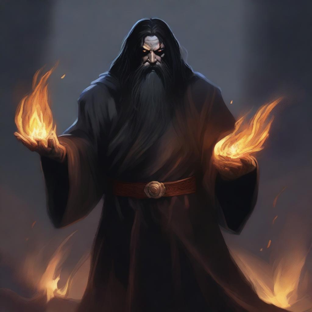 An orc with long black hair and a beard, wearing black robes