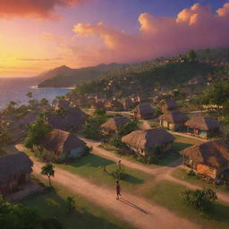 A still image of a vibrant Jamaican village, where a group of adventurous boys aged 9-10 explore with a map, against a backdrop of a sunset sky painted in stunning evening hues. Created in 3D Pixar-style animation.