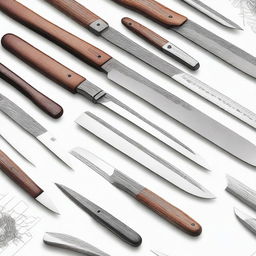 Create detailed designs and blueprints of various knives, axes, and other cutting tools