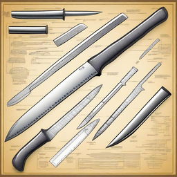 Detailed design and blueprints of various knives, axes, and other cutting tools