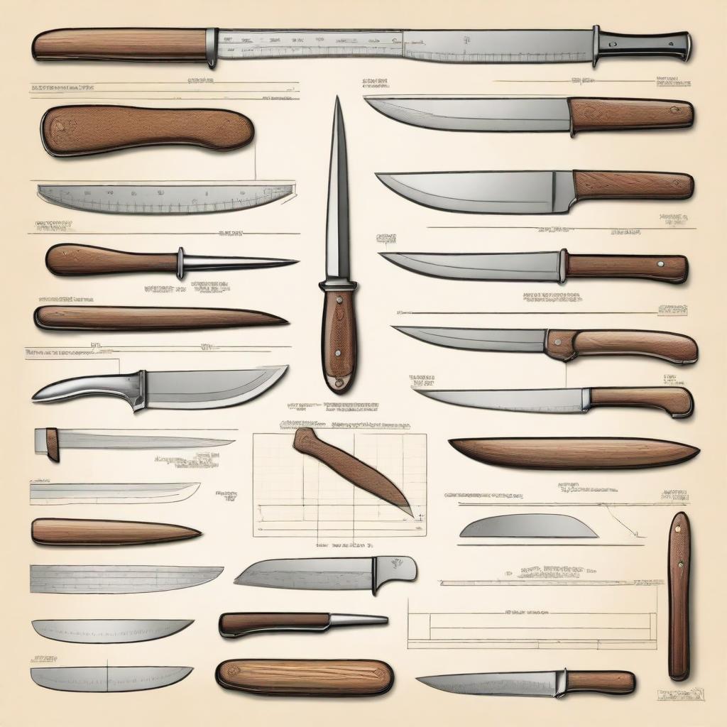 Detailed design and blueprints of various knives, axes, and other cutting tools