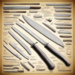 Detailed design and blueprints of various knives, axes, and other cutting tools