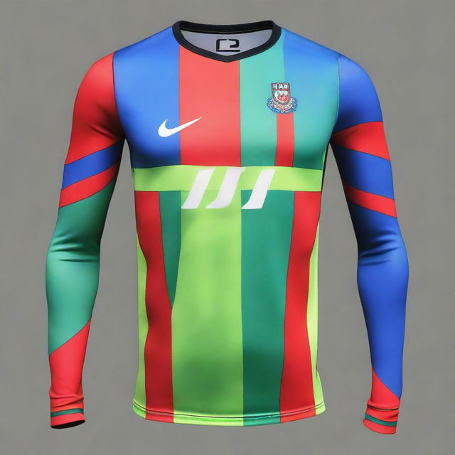 Create a jersey top design with gradient stripes in blue, red, and green colors