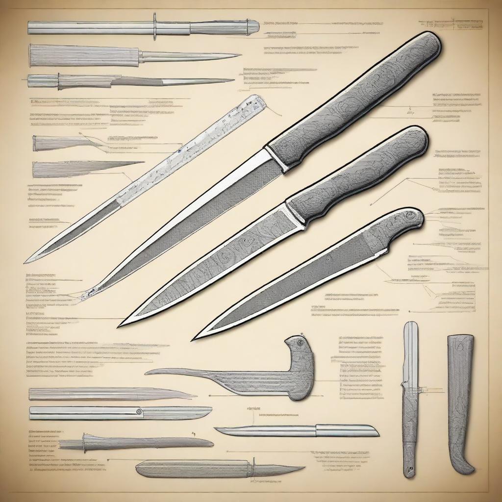 Detailed design and blueprints of knives, axes, and other bladed tools