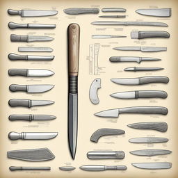 Detailed design and blueprints of knives, axes, and other bladed tools