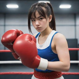 A determined girl in manga style, wearing boxing gloves and gear, poised and ready to fight in a boxing ring.