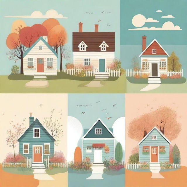 A whimsical illustration of a house through different seasons, showing its transformation over time