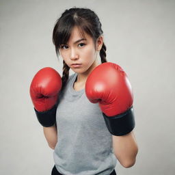 A determined girl in manga style, wearing boxing gloves and gear, poised and ready to fight in a boxing ring.