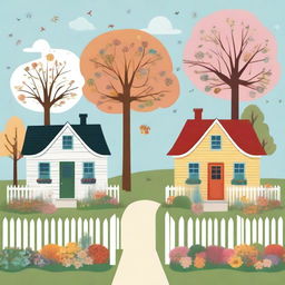 A whimsical illustration of a house through different seasons, showing its transformation over time